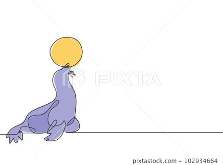 Single continuous line drawing a sea lion playing a stunt with a white ball in its mouth. Sea lion are highly trained in performance. Dynamic one line draw graphic design vector illustration. Single continuous line drawing a sea lion playing a stunt with a white ball in its mouth. Sea lion are highly trained in performance. Dynamic one line draw graphic design vector illustration. 102934664