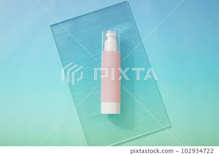 Mockup packaging cosmetic pink bottle for cosmetics product designs with acrylic ribbed plate on blue background. Minimal style for branding product. Top view 102934722