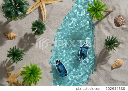 Two boats on the water texture with splashes and waves in sunlight. Starfishes, seashells and palm trees arranged around Two boats on the water texture with splashes and waves in sunlight. Starfishes, seashells and palm trees arranged around 102934888