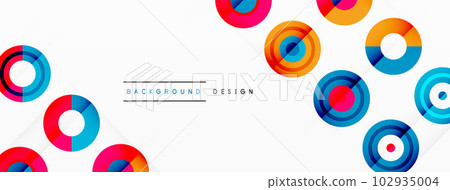 Eye-catching background of colorful circles of equal size arranged in abstract pattern. Circle boasts unique tone or hue, creating rainbow effect. Design has upbeat, contemporary feel 102935004