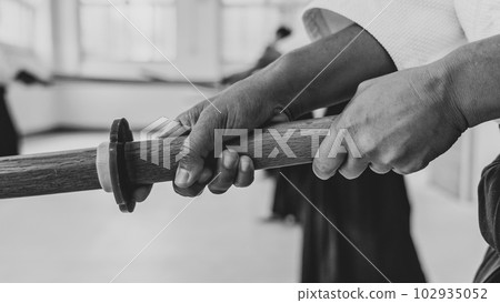People practicing aikido in a dojo background. People practicing aikido in a dojo background. 102935052