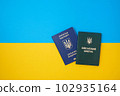 Ukrainian green military ID ticket on the Ukrainian national flag in the top view. Translation 102935164