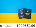 Ukrainian green military ID ticket on the Ukrainian national flag in the top view. Translation 102935166
