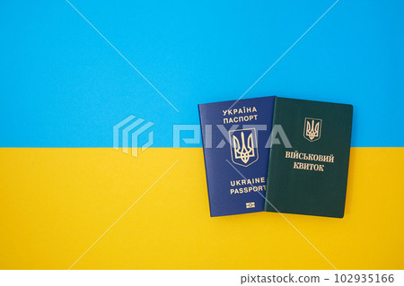 Ukrainian green military ID ticket on the Ukrainian national flag in the top view. Translation 102935166