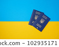 Two blue Ukrainian biometric passports on the Ukrainian national flag in the top view 102935171