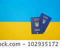 Two blue Ukrainian biometric passports on the Ukrainian national flag in the top view 102935172