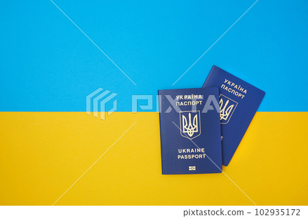 Two blue Ukrainian biometric passports on the Ukrainian national flag in the top view 102935172