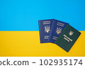 Ukrainian green military ID ticket on the Ukrainian national flag in the top view. Translation 102935174