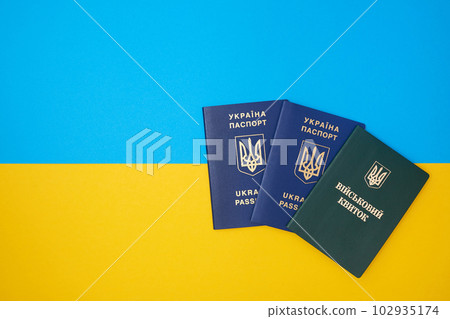Ukrainian green military ID ticket on the Ukrainian national flag in the top view. Translation 102935174