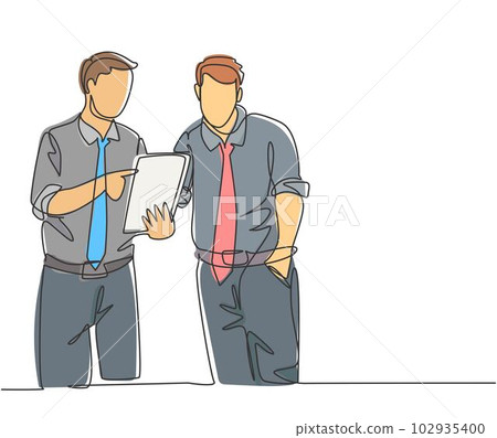 One continuous line drawing of young employee talking to his colleague discussing new company project during meeting. Office talk concept. Trendy single line draw design vector graphic illustration One continuous line drawing of young employee talking to his colleague discussing new company project during meeting. Office talk concept. Trendy single line draw design vector graphic illustration 102935400