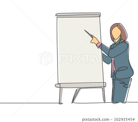 One single line drawing of young female presenter teaching how to do effective presentation. Productive presentation at the office concept continuous line draw design vector graphic illustration One single line drawing of young female presenter teaching how to do effective presentation. Productive presentation at the office concept continuous line draw design vector graphic illustration 102935454