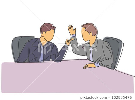 One single line drawing of young angry businessman pointing finger to his shouting colleague then they blaming each others. Business problem concept continuous line draw design vector illustration One single line drawing of young angry businessman pointing finger to his shouting colleague then they blaming each others. Business problem concept continuous line draw design vector illustration 102935476