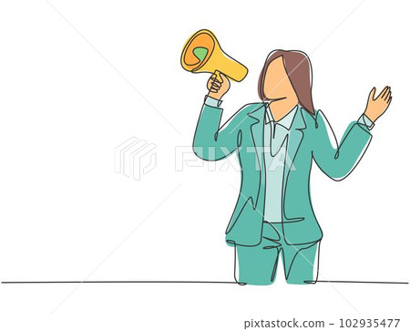 Single continuous line drawing of young angry businesswoman shouting loudly using megaphone to train her speak. Public speaking practice concept one line draw graphic design vector illustration Single continuous line drawing of young angry businesswoman shouting loudly using megaphone to train her speak. Public speaking practice concept one line draw graphic design vector illustration 102935477