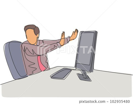 One continuous line drawing of young frightened businessman keep of himself from monitor computer because of traumatize. Work psychological concept single line draw design graphic vector illustration One continuous line drawing of young frightened businessman keep of himself from monitor computer because of traumatize. Work psychological concept single line draw design graphic vector illustration 102935480