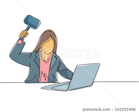 Single continuous line drawing of young rage businesswoman ready to smack her laptop using big hammer at the office. Business risk concept one line draw design vector graphic illustration Single continuous line drawing of young rage businesswoman ready to smack her laptop using big hammer at the office. Business risk concept one line draw design vector graphic illustration 102935496