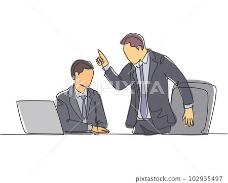 One single line drawing of young upset manager asking staff about sales data performance mistakes. Work problem at the office concept. Trendy continuous line draw design vector graphic illustration One single line drawing of young upset manager asking staff about sales data performance mistakes. Work problem at the office concept. Trendy continuous line draw design vector graphic illustration 102935497