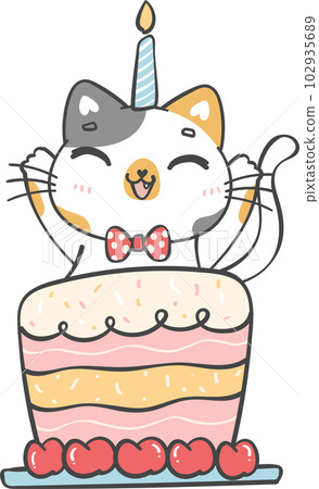 Cute playful happy birthday cat kitten celebrating party cartoon doodle hand drawing 102935689