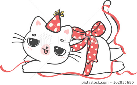 Cute playful happy birthday cat kitten celebrating party cartoon doodle hand drawing 102935690