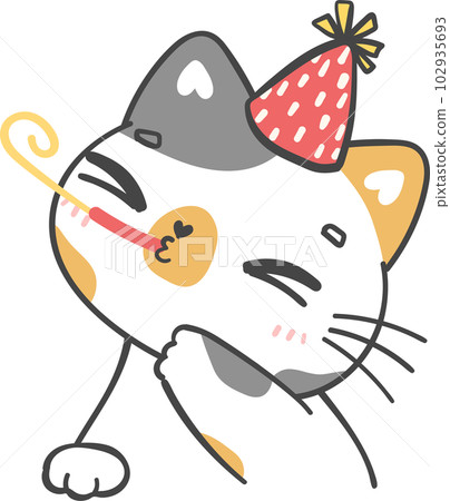 Cute playful happy birthday cat kitten celebrating party cartoon doodle hand drawing 102935693