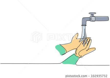 Single one line drawing of washing hands with clean water spilled from the tap to protection hands from germs, bacteria and viruses. Modern continuous line draw design graphic vector illustration. Single one line drawing of washing hands with clean water spilled from the tap to protection hands from germs, bacteria and viruses. Modern continuous line draw design graphic vector illustration. 102935732