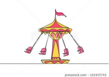 Continuous one line drawing wave swinger in the amusement park with four seats and a flag above. The passengers can swing around in the sky. Single line drawing design, vector graphic illustration. Continuous one line drawing wave swinger in the amusement park with four seats and a flag above. The passengers can swing around in the sky. Single line drawing design, vector graphic illustration. 102935743