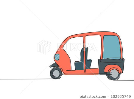 Continuous one line drawing from the side, Rickshaw is a traditional transportation in India which is still operating until now serving passengers. Single line draw design vector graphic illustration. 102935749