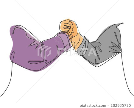 Single line drawing of businessmen handshaking his business partner. Great teamwork. Business deal concept with modern continuous line draw style graphic vector illustration 102935750