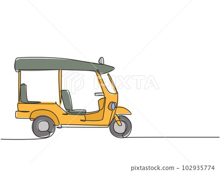 Single one line drawing of Thai tuk tuk seen from the side serving foreign passengers who are traveling in Thailand. Become a tourism icon. Continuous line draw design graphic vector illustration. Single one line drawing of Thai tuk tuk seen from the side serving foreign passengers who are traveling in Thailand. Become a tourism icon. Continuous line draw design graphic vector illustration. 102935774