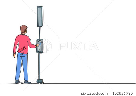 Single continuous line drawing a man pushes a button at a traffic light to cross the road on a zebra crossing. Road is busy during office hours Dynamic one line draw graphic design vector illustration Single continuous line drawing a man pushes a button at a traffic light to cross the road on a zebra crossing. Road is busy during office hours Dynamic one line draw graphic design vector illustration 102935780