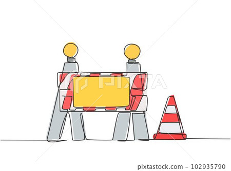 Single continuous line drawing warnings on under construction boards and traffic cones located on the side of the road that is undergoing repairs. One line draw graphic design vector illustration. Single continuous line drawing warnings on under construction boards and traffic cones located on the side of the road that is undergoing repairs. One line draw graphic design vector illustration. 102935790
