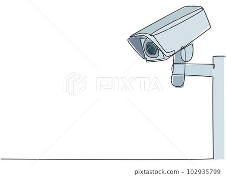 Single continuous line drawing of CCTV with a box shape installed on the side of the highway to monitor traffic movements and improve security systems. One line draw graphic design vector illustration 102935799