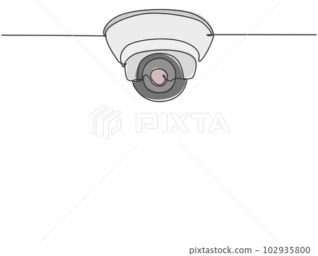 Single one line drawing of cctv located on the ceiling of the office to monitor and maintain security from crime. The result of technological advances. One line draw design graphic vector illustration 102935800