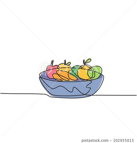 Single one line drawing of a basket full of fruit such as oranges, apples, pears. Healthy food contains vitamins that the body needs. Modern continuous line draw design graphic vector illustration. 102935813