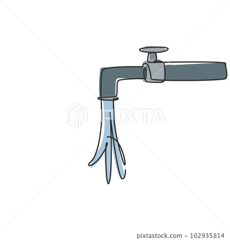 Single one line drawing of a splash of water falling from the water tap. Symbol of freshness and cleanliness of hands from germs and bacteria. Continuous line draw design graphic vector illustration. Single one line drawing of a splash of water falling from the water tap. Symbol of freshness and cleanliness of hands from germs and bacteria. Continuous line draw design graphic vector illustration. 102935814