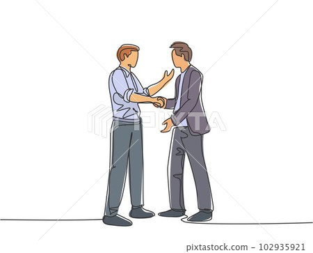 Single line drawing of businessmen handshaking his business partner after their project goal. Great teamwork. Business deal concept with continuous line draw style vector graphic illustration Single line drawing of businessmen handshaking his business partner after their project goal. Great teamwork. Business deal concept with continuous line draw style vector graphic illustration 102935921