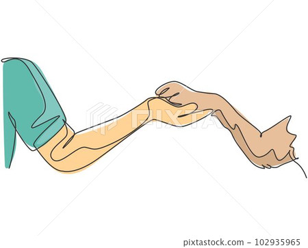 One line drawing of human hand holding dog leg with full of love. Friendship with pet animal concept. Best friend forever. Continuous line drawing graphic design, vector illustration 102935965