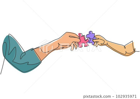 One line drawing of two hands holding puzzle pieces and want to merge together. Father or mother and son teamwork to build super family. Continuous line draw design, vector illustration graphic One line drawing of two hands holding puzzle pieces and want to merge together. Father or mother and son teamwork to build super family. Continuous line draw design, vector illustration graphic 102935971