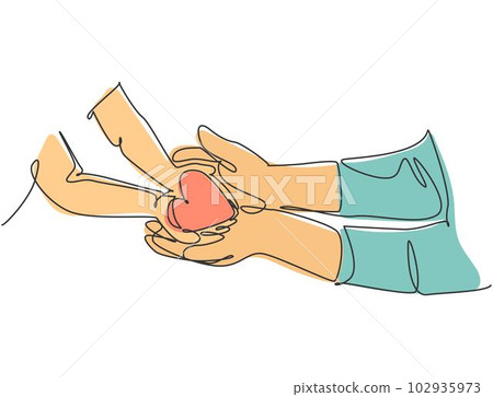 One line drawing of children giving love heart shaped to mother or father. Mom and dad loving care parenting concept. Family insurance sign symbol. Continuous line draw design, vector illustration 102935973