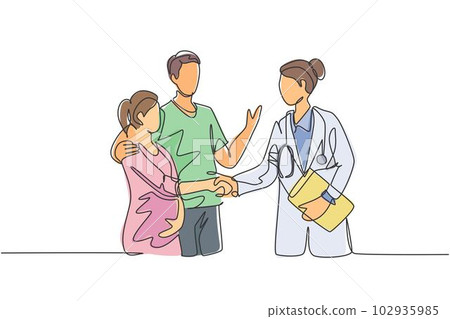 One line drawing of obstetrician and gynecologist doctor handshake and congratulate a happy young couple about the pregnancy. Medical check up concept. One line drawing vector illustration 102935985