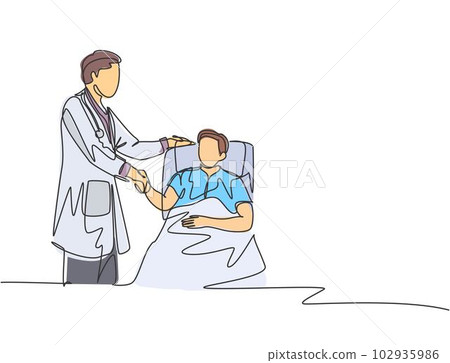 Continuous line drawing of young doctor visit a patient laying at bed in hospital and handshaking him to ask the condition - one line drawing vector Continuous line drawing of young doctor visit a patient laying at bed in hospital and handshaking him to ask the condition - one line drawing vector 102935986