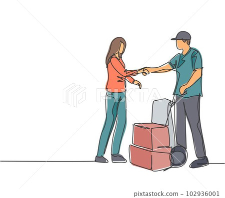 Continuous line drawing of courier delivery man handshaking the customer and hand over a package box. Delivery service excellent concept. One line drawing vector illustration 102936001
