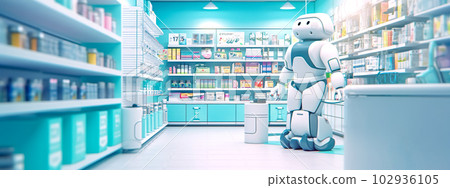robotics pharmacy staff, healthcare concept of the future. banner with copy space. made with Generative AI 102936105