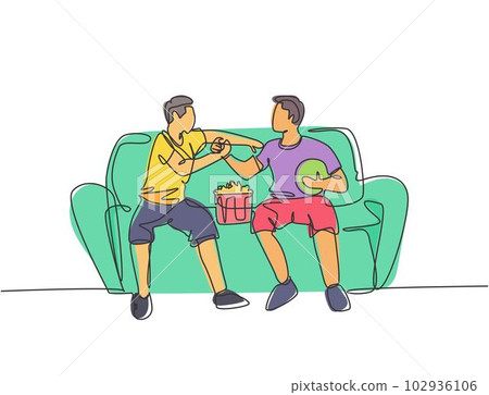 Continuous line drawing of two young men soccer fans club handshaking and sitting on a couch to watch football match. Dynamic single line drawing vector graphic illustration 102936106