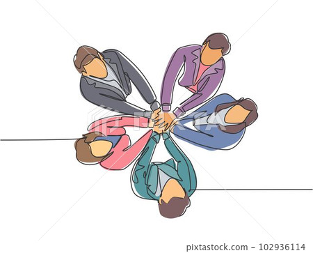 Top view single line drawing of businessmen and business woman handshaking each other. Great teamwork commitment. Business deal concept with continuous line draw style graphic vector illustration 102936114