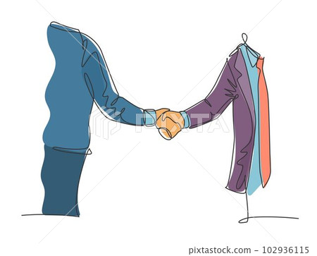 Single line drawing of businessmen in suite handshaking his business partner. Great teamwork. Business deal concept with trendy continuous line draw style graphic vector illustration 102936115