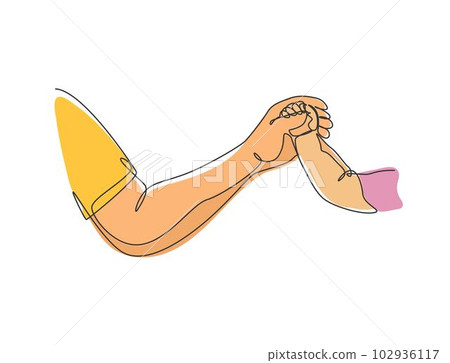 One line drawing of father giving hand to his child. Mother care in continuous line drawing design style. Parental concept vector illustration 102936117