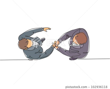 Top view single line drawing of businessmen handshaking his business partner. Great teamwork. Business deal concept with continuous line draw style graphic vector illustration Top view single line drawing of businessmen handshaking his business partner. Great teamwork. Business deal concept with continuous line draw style graphic vector illustration 102936118