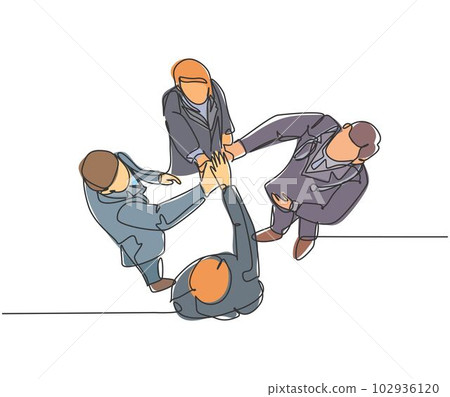 One line drawing group of businessmen and businesswomen celebrating their successive goal at the annual meeting with high five gesture. Business deal concept continuous line draw design illustration 102936120