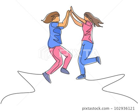 Single line drawing of two young happy women jumping and giving high five gesture to celebrate business successful. Friendship concept continuous line draw design graphic vector illustration Single line drawing of two young happy women jumping and giving high five gesture to celebrate business successful. Friendship concept continuous line draw design graphic vector illustration 102936121