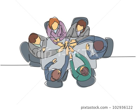 One line drawing group of businessmen and businesswomen celebrating their successive goal at the business meeting with high five gesture. Business deal concept continuous line draw design illustration One line drawing group of businessmen and businesswomen celebrating their successive goal at the business meeting with high five gesture. Business deal concept continuous line draw design illustration 102936122